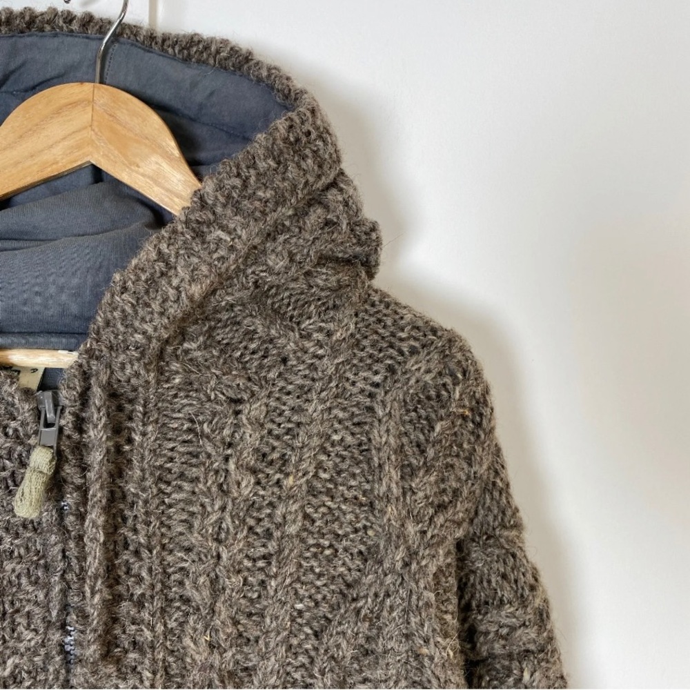Pachamama Hooded Jumper Zip Heavy Knit 100% Wool Large Brown - Picture 2 of 13